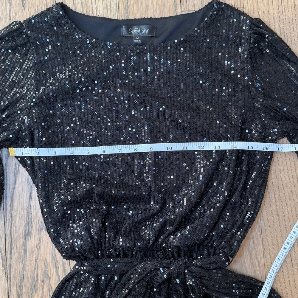 Crystal Sky Women’s Sequin Black Long Sleeve Dress with Belt Size Medium - Picture 7 of 12